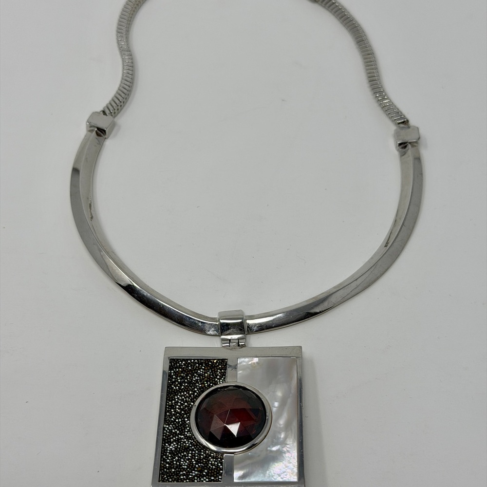 Reversible Henri Bendel  Silver Square Pendant Statement Necklace Snake Chain